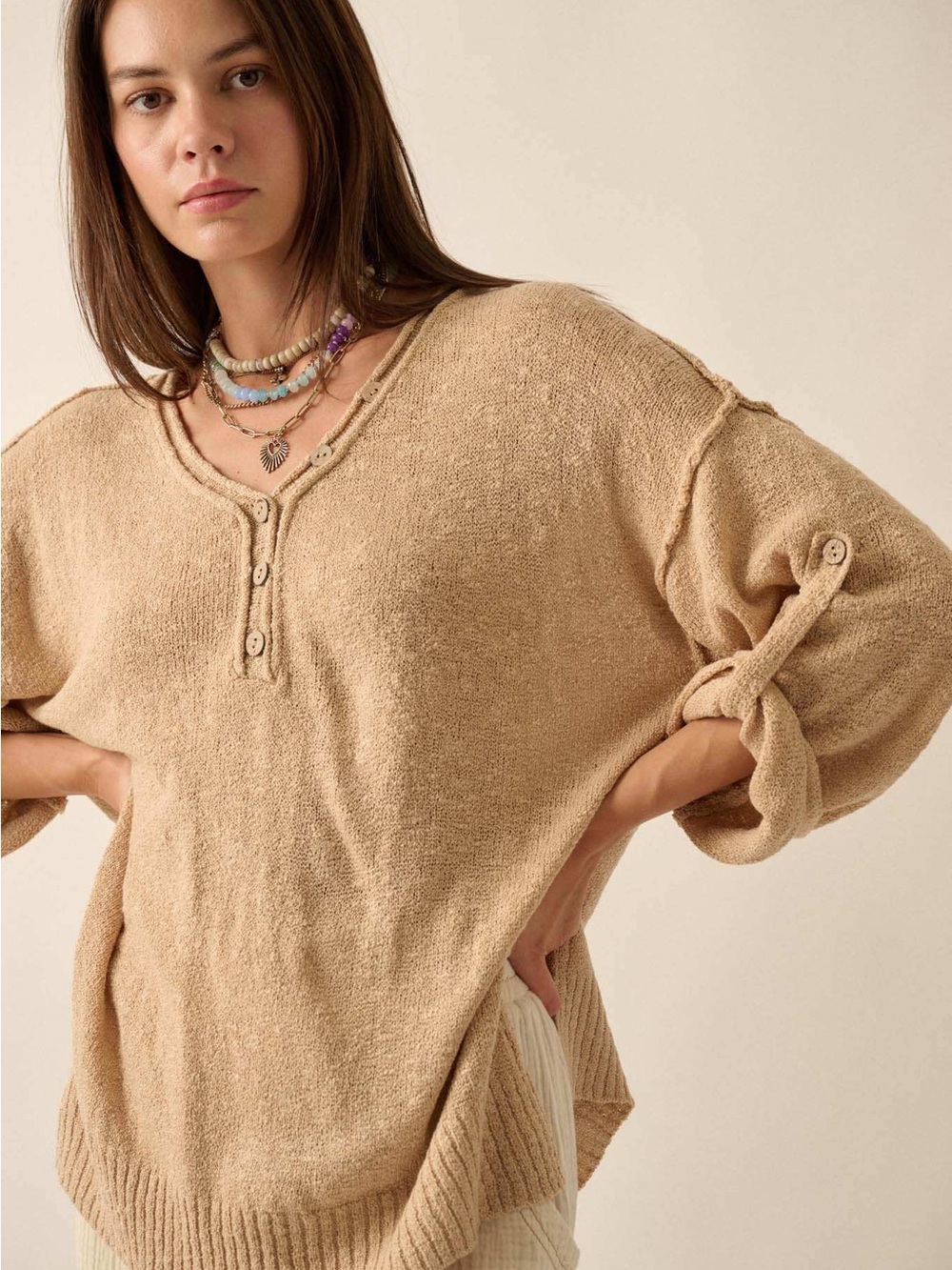 NWOT Promesa Slow Your Roll Exposed-Seam Roll-Up Henley Sweater